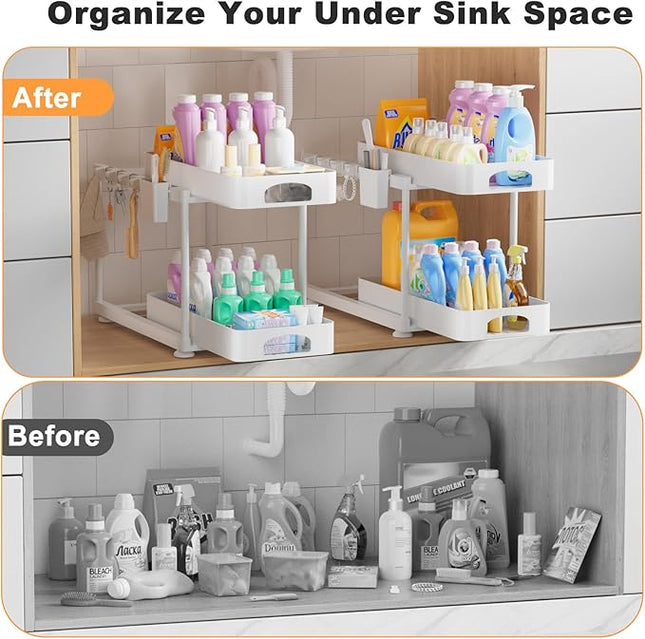 Under Sink Organizer, Under Kitchen Sink Organizer, 2 Pack Bathroom Cabinet Organizers and Storage, 2 Tier Pull-Out Multi-Purpose Storage Organizers for Bathroom Kitchen Cabinet, White