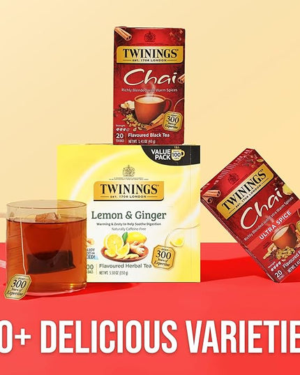Twinings Chai Black Tea Individually Wrapped Bags, 20 Count (Pack of 6), Sweet, Savoury Spices, Caffeinated, Enjoy Hot or Iced, 120 Teabags
