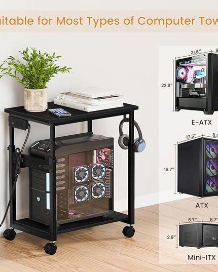 Snughome Extra-Large Computer Tower Stand with Charging Station, Adjustable PC Tower Stand for Floor 25.2"-36.22", PC Stand with Locking Wheels Mobile Rolling CPU Holder Cart for Gaming Office Home