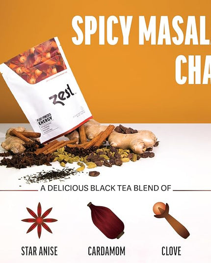 Zest 150mg High Caffeine Energy Leaf Blend - Spicy Masala Chai Black Tea - 20 Pack Bag - All Natural Strong Flavored Healthy Coffee Alternative Highly Caffeinated Substitute - Perfect for Keto Diet