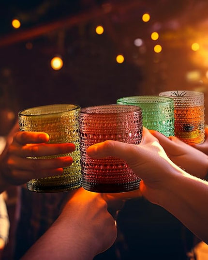 Colored Hobnail Drinking Glasses Set of 6,12oz Vintage Kitchen Glassware,Embossed Beaded Glass Cups,Water Tumbler for Cocktail,Juice and Various Mixed Drinks