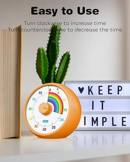 Visual Timer for Kids, 60-Minute Countdown Timer for Classroom Office Kitchen, Desk Timer Kids Time Management Tools with Silent Operation, Pomodoro Time Rainbow Pattern (Orange)