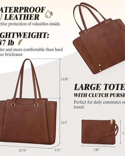 RAINSMORE Laptop Bag for Women 15.6 Inch Work Tote Bags Waterproof Computer Bags Leather Professional Laptop Purse Womens Laptop Briefcase Large Handbag for Office Teacher Travel, Retro Brown