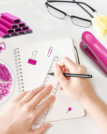Hot Pink Office Supplies, UPIHO Hot Pink Desk Accessories, Stapler and Tape Dispenser Set for Women with Stapler, Tape Dispenser, Staple Remover, Staples, Clips, Scissor and Sticky Notes for Students