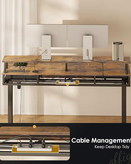 OffiGo Electric Standing Desk with Drawers & Keyboard Tray, 63 Inch Height Adjustable Desk with Power Outlets & LED Lights, Sit Stand Table with Monitor Stand for Home, Office, Rustic Brown
