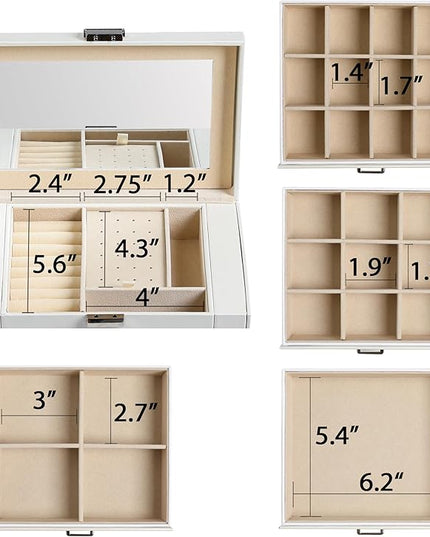 Frebeauty 5-layer Jewelry Box,Faux Leather Jewelry Organizer with 4 Drawers,Jewelry Organizers and Storage with Mirror,Jewelry Holder Organizer for Necklace,Jewerly Boxes for Women Girls(White)