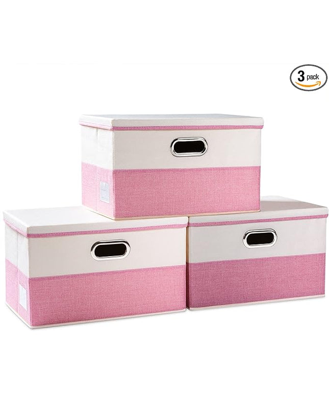 PRANDOM Large Collapsible Storage Bins with Lids [3-Pack] Fabric Foldable Storage Boxes Organizer Containers Baskets Cube with Cover for Home Bedroom Closet Office Pink&Cream(17.7x11.8x11.8)