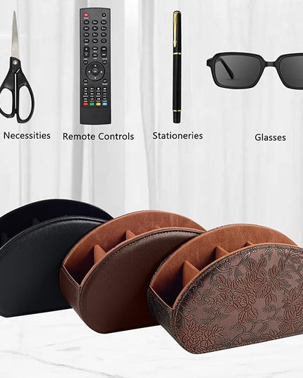 Leather Remote Control Holder TV Remote Caddy Store Box, Bedside Table Organizer for Controller, Media Player, Brush, Glasses, Note Paper and Pen Storage(Retro)