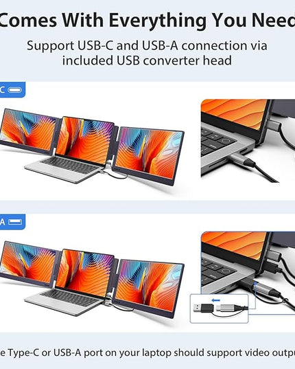 KYY 14" Portable Triple Monitor for Laptop, Laptop Screen Extender with Full HD IPS Display, Computer Extended Monitor Compatible with Mac, Windows, Chrome, Fits 12-16 Inch Laptops
