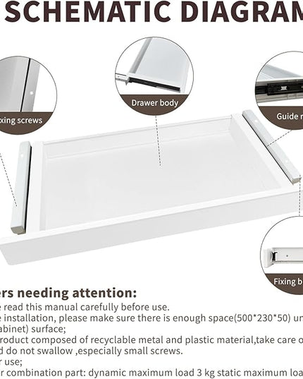 Under Desk Mounted Sliding Drawer to pull out, Attachable Desk Pencil Drawer Ball-Bearing Slides (White)