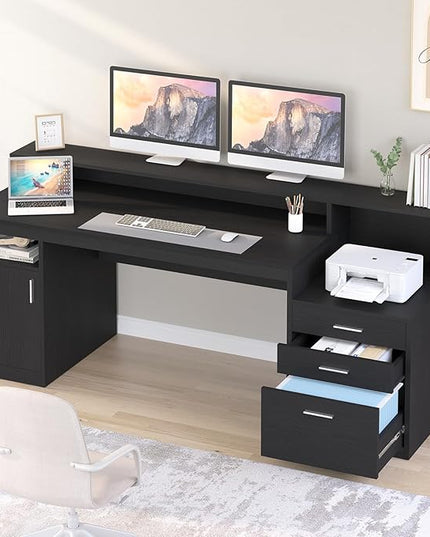 Computer Desk with 3 Drawer & Storage Shelves, Home Office Desk with File Drawer & Cabinet, Writing Study Table with Long Monitor Stand & Printer Shelf, Executive Desk, Black