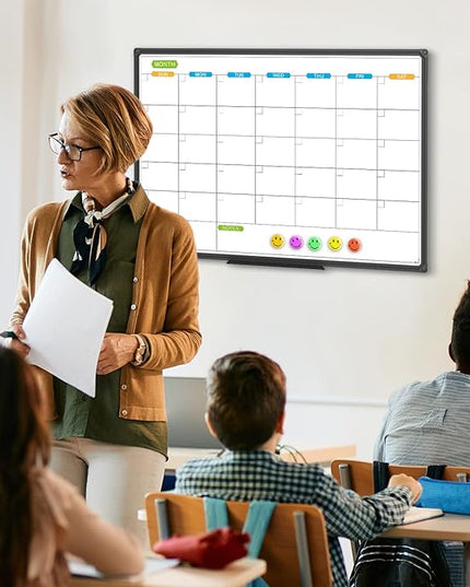 JILoffice Dry Erase Calendar Whiteboard - Magnetic White Board Calendar Monthly 36 X 24 Inch, Black Aluminum Frame Wall Mounted Board for Office Home and School