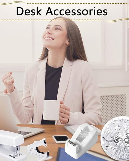 Office Supplies,Desk Accessories, Stapler and Tape Dispenser Set for Women with Stapler, Tape Dispenser, Staple Remover, Staples, Clips, Scissor and Tabs,Gift for Students, Coworkers