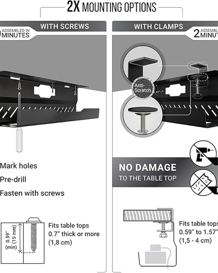 Under Desk Cable Management Tray no Drill – Wire Management - Cord Organizer – Huge Load Capacity – Under Desk Cable Tray no Drill (Black, 2 Pieces Set)