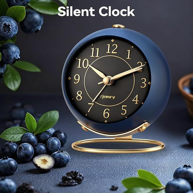 rjuwurv Metal Desk Alarm Clock, Retro Bedroom Table Vintage Analog Silent Non-Ticking Gold Alarm Clock, Bedside Decor(Navy Blue)