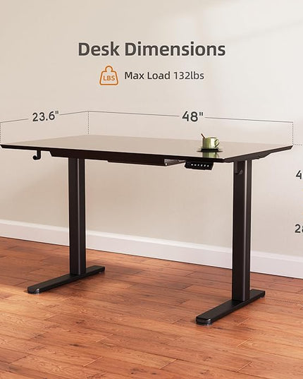 INNOVAR Glass Standing Desk with Drawers, 48×24 Inch Adjustable Stand Up Desk, Quick Install Home Office Computer Desk, Black