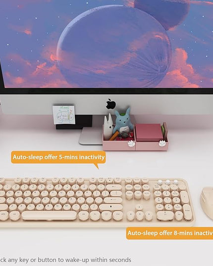 Wireless Keyboard,KOOTOP Cute Colorful 104 Keys Typewriter Retro Round Keycaps Keyboard for PC Laptop,Desktop,Windows, Home and Office Keyboards, s500 coffee