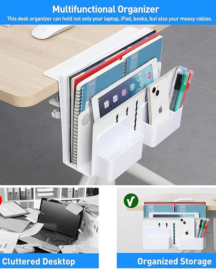 MAXECHO Desk Side Storage, Under Desk Laptop Mount, Table Side Hanging File Organizer, No Drill Clamp On Cable Management Tray, Laptop Holder with Magnetic Pen Holder for Office and Home, Load 22 Lbs