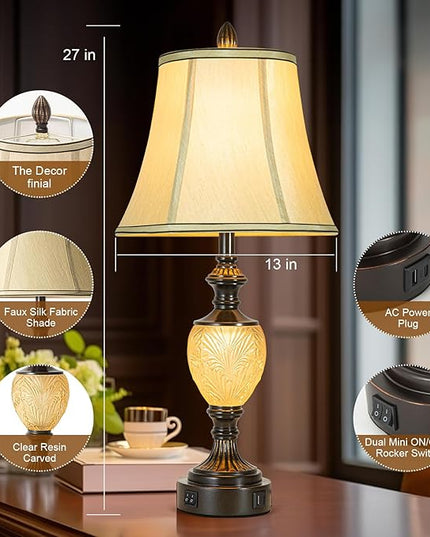 27'' High Vintage Table Lamp Set of 2 for Living Room Farmhouse Bedside Lamp with Fabric Shades Boho Nightstand Lamp with USB and Nightlight for Bedroom Home Office Hotel Bar (Bulb Included)