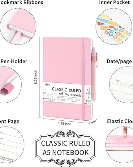 feela 24 Pack Journal Notebook Bulk for Work, Business Notebook Hardcover Lined Writing Journal with Pen Holder for Men Women Note Taking, with 24 Black Pens, 120 GSM, 5.1”x8.3”, A5, Rose Pink