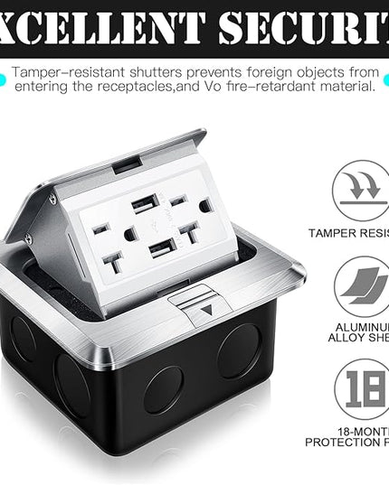 Hoolerry 8 Pack Pop up Floor Electrical Outlet Cover Box Kit with 4.8A USB Charger 20Amp Waterproof Weatherproof Floor Tamper Resistant Outlet Receptacle for Countertop Home (Silver)