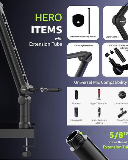 IXTECH Boom Arm Mic Stand with Extension Tube Upgraded Microphone Arm for Shure SM7B MV7 Blue Yeti Sturdy Stainless Steel Mic Arm Desk Stand Foldable Scissor Arm Microphone Mount for Podcast Gaming