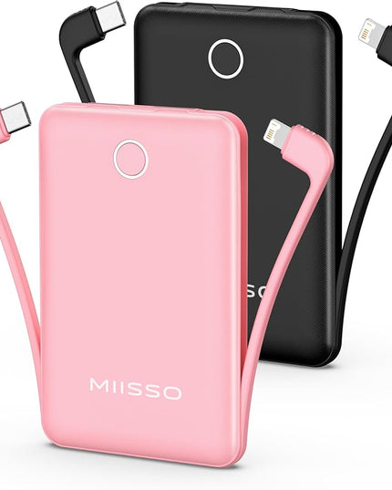 10000mAh Mini Portable Charger with Built in Cable, Pocket Size Power Bank Travel External Battery Pack for Phone, 3 Output USB Type C Cord Clutch Compatible with iPhone, Samsung, 2 Pack Black & Pink