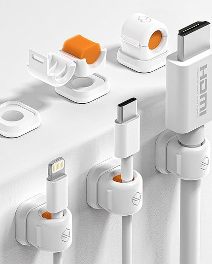 6 Pack Sinjimoru Magnetic Cable Clips, Compact Size Cord Organizer & Cable Management for Desk, Nightstand & Car, Fits up to 7.5mm Cables, White