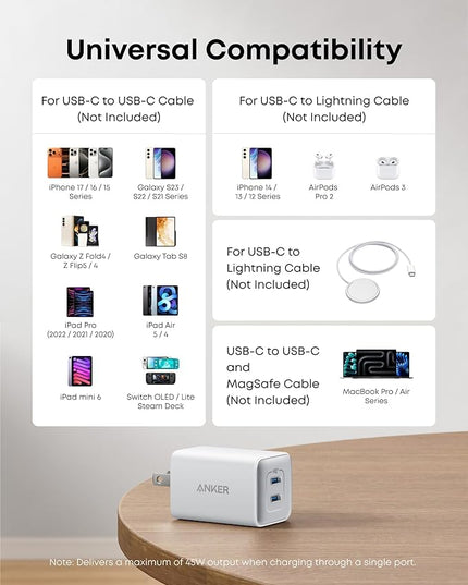 Anker Nano 47W USB C Charger, 2 Port Compact Foldable GaN Charger for iPhone 17 / 16, Galaxy, Pixel, Compatible with MagSafe (White)