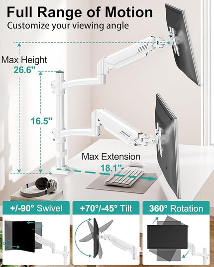 Dual Monitor Stand for Desk, Taller Monitor Arms for 2 Screens up to 32 inch, Ergonomic Adjustable Full Motion Double Computer Monitor Mount, Holds 4.4-22lbs, VESA 75/100mm, White, Freelift