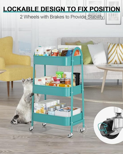 EAGMAK 3 Tier Utility Rolling Cart, Metal Storage Cart with Handle and Lockable Wheels, Multifunctional Storage Organizer Trolley with Mesh Baskets for Kitchen, Living Room, Office, Garage (Turquoise)