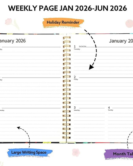 2026 Planner, Weekly and Monthly Planner, January 2026 - December 2026, Calendar Planner A5 (6.5" x 8.5") with Tabs, Inner Pocket for Home School Office Supplies, Black Flower