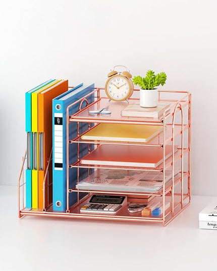 Marbrasse Desk Organizer with File Holder, 5-Tier Paper Letter Tray, Mesh Desk Accessories, Magazine Holder, Desktop Organizer and Storage for Office Supplies, Rose Gold