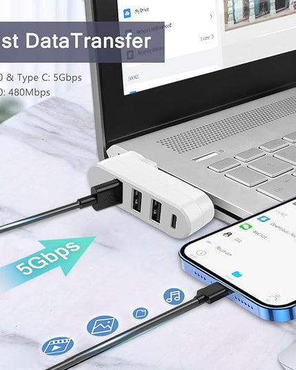 VIENON 4-Port USB 3.0 Hub [90/180 Rotatable], USB Splitter with 3 USB Ports & 1 USB C Power/Data Port, USB Extender for Laptops, Cars, iMac, MacBook Air, MacBook Pro