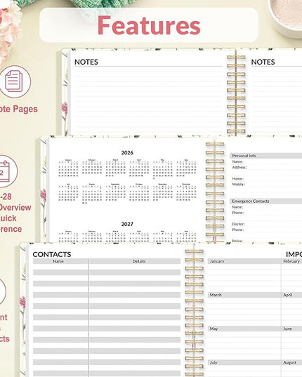 SUNEE 2026 Appointment Book 15-Minute Time Block - Daily, Weekly & Monthly Spiral Planner with Note Section - Thick Paper, Lay-Flat Bound - 8.5 x 11 for Office, School, Men & Women, Wildflowers