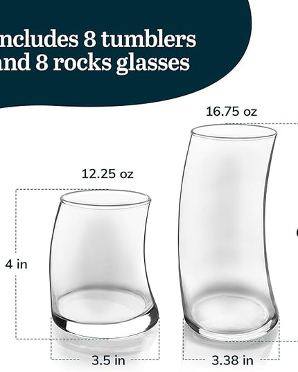 Libbey Swerve Drinking Glasses Set of 16, Dishwasher Safe, Chip Resistant Everyday Drinking Glasses, Fun and Edgy Set of Glasses for Special Events