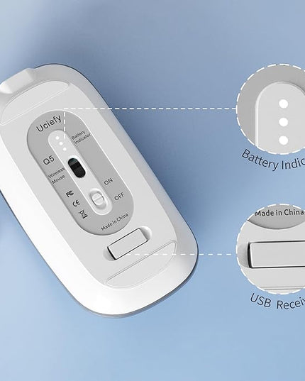 Uciefy Q5 Slim Rechargeable Wireless Mouse, 2.4G Portable Optical Silent Ultra Thin Wireless Computer Mouse with USB Receiver and Type C Adapter, Compatible with PC, Laptop, Notebook, Desktop (Grey)