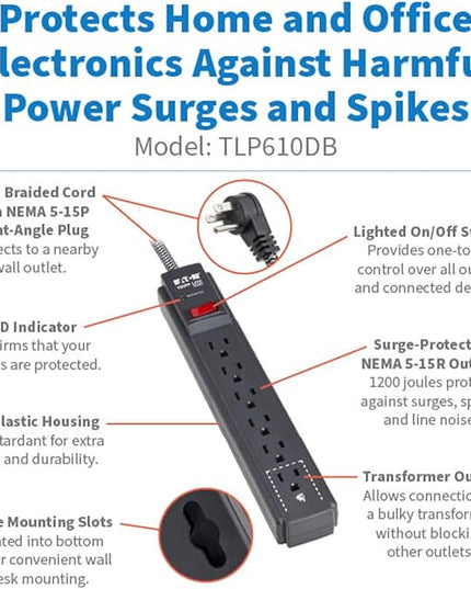 Eaton Tripp Lite Series 6-Outlet Surge Protector Power Strip, Flat Plug 10ft Braided Extension Cord, 1200 Joules, 15A Circuit Breaker, Lifetime Manufacturer's Warranty & $10,000 Insurance (TLP610DB)