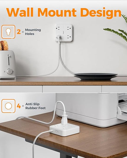 Surge Protector Flat Extension Cord 5FT, TESSAN Flat Plug Power Strip with 4 Outlets 3 USB C Ports (1 USB C), 900 Joules Protection, Multiple Wall Outlet Extender Suitable for Home Office Dorm, White