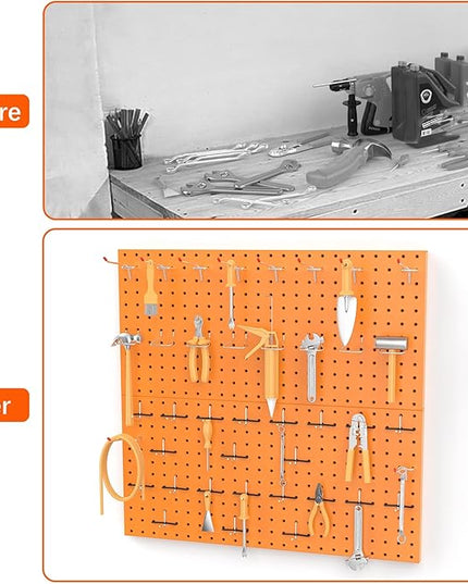 TORACK Metal Pegboard Wall Organizer 24" x 24" or 12" x 48", 70 PCS Tools Storage Pegboard for Garage, Modular Pegboard, Tool Organizer Board with Peg Board Hooks(Orange)