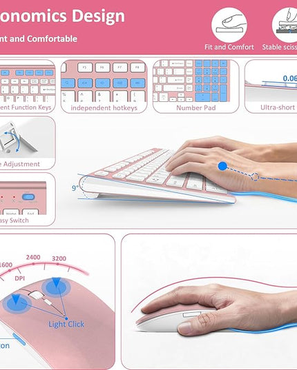 Wireless Keyboard and Mouse, GALENMORO Silent Quiet Combo Low Profile USB C Full Size Compact with Number Pad Flat Soft Touch Cordless for Mac Computer PC Laptop MacBook iMac Office - Pink Rose Gold