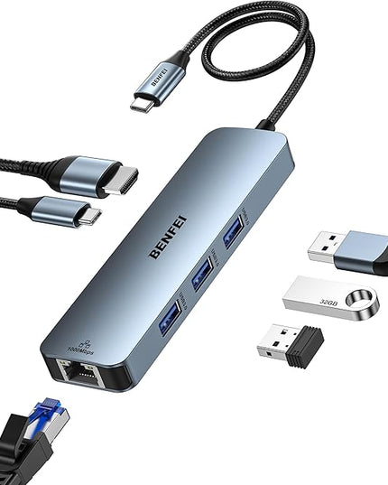 BENFEI USB C HUB 6-in-1 with HDMI(4K@60Hz), Gigabit Ethernet, 100W Power Delivery, 3*USB 3.0, Silicone Cable, Aluminum Case Compatible with iPhone 15 Pro/Max, MacBook, iPad Pro, iMac, S23, XPS17