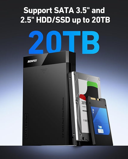 BENFEI 3.5/2.5 Inch SATA HDD/SSD Enclosure, Tool-Free Design, Supports 20TB HDD & UASP