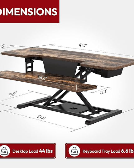 SANODESK Standing Desk Converter with Electric Motor 42" Height Adjustable Riser for Office Home,Dual Monitor and Laptop Workstation with Large Keyboard Tray, Rustic Color