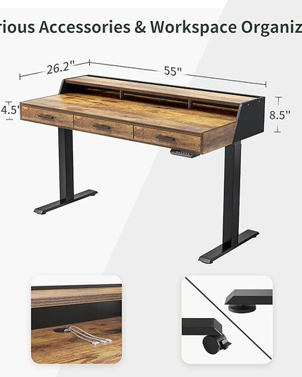 FEZIBO Standing Desk Adjustable Height, 55 x 26 Inches Sit and Stand Home Office Computer Desk with Drawers, Rustic Brown