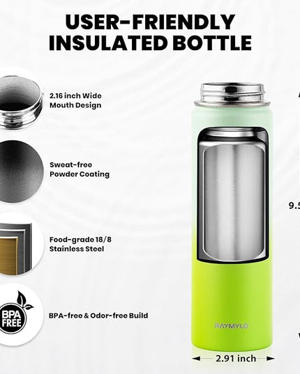 Insulated Water Bottle 20 oz, Triple Wall Vacuum Stainless Steel (Cold for 48 Hrs), Leak Proof & Non-BPA, Kids Water Bottle Jug for School with Straw Spout Lids, Ombre Green