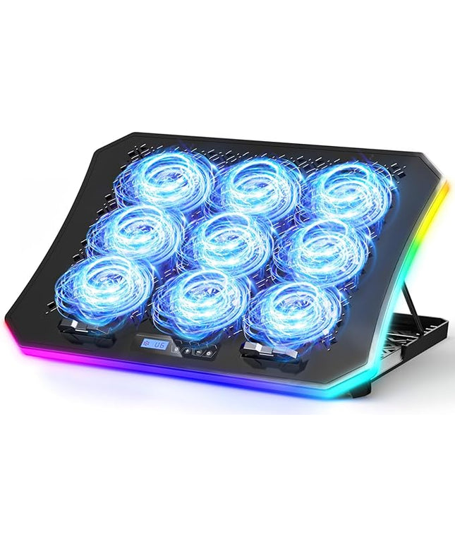 KeiBn Upgraded Gaming Laptop Cooler Pad with 9 Quiet RGB Fans, Cooling Pad for 15.6-17.3 Inch Laptops with 7 Height Stands, 2 USB Ports, Phone Stand-Blue