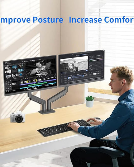 Dual Monitor Stand for 13 to 32 inch Screens, Gas Spring Monitor Arm with Swivel, Tilt, Rotation, Height Adjustable, Desk Mount with C-Clamp and Grommet Base, Each Arm Holds 4.4 to 19.8lbs Screen