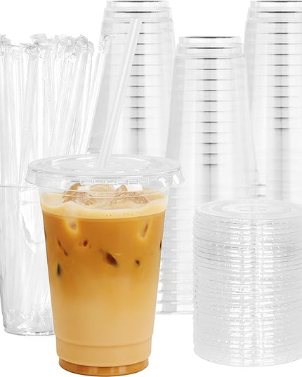 Coolcap 20 oz 100 Pack Disposable Clear Plastic Cups with Lids and Straws, Food Safe Bulk Iced Coffee Cups for Smoothies, Milkshakes and Other Cold Drinks