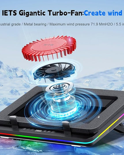 IETS GT600 RGB Laptop Cooling Pad Equipped with Gigantic Turbo-Fan（5.5inch Diameter）,Sealed Foam for Rapid Cooling Gaming Laptop,14.1-19.3 inch Laptop Cooler with 3-Port USB Hub,Dust Filter
